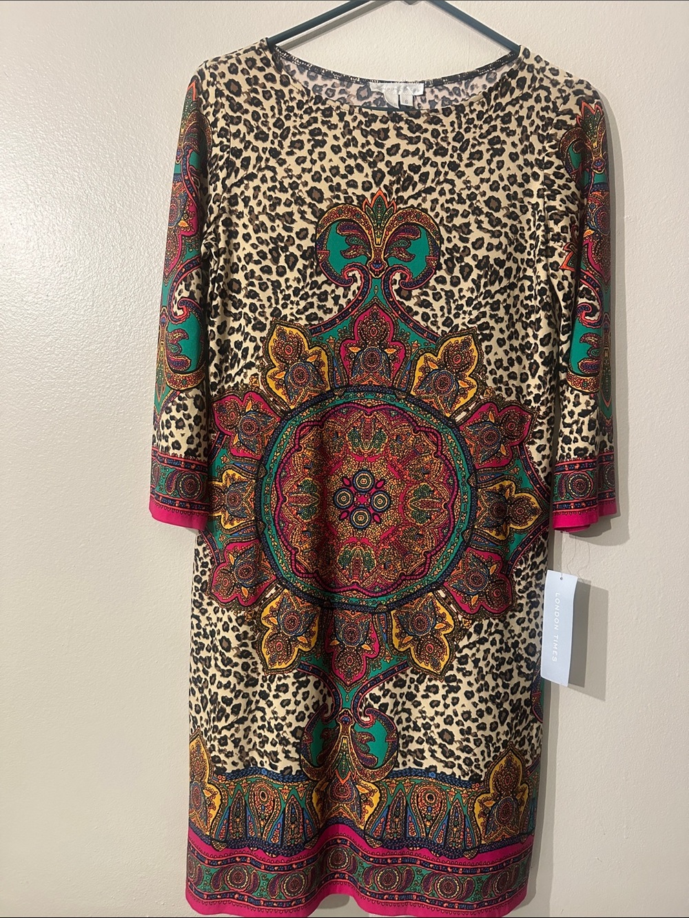 BWT London Times Shift Dress Women's 6 Cheetah & Mandala Pattern 3/4 Sleeve